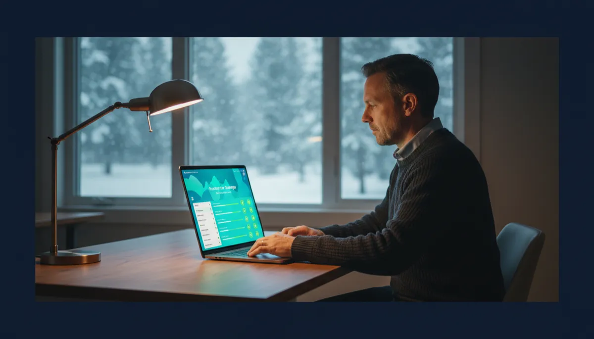 Colorado contractor at home office desk on a winter evening reviewing a reactivation campaign dashboard on a laptop with snow visible through the window