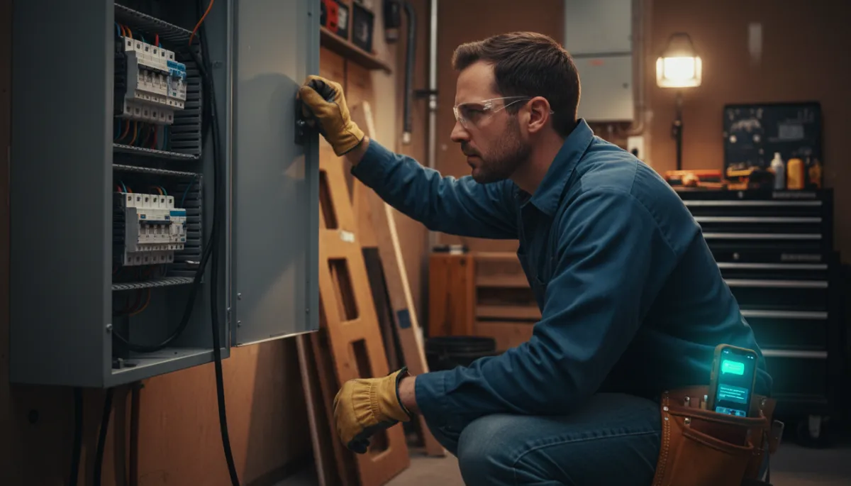 Colorado electrician in safety gear working inside a large breaker panel with phone on belt showing a missed call and AI text-back reply glowing cyan