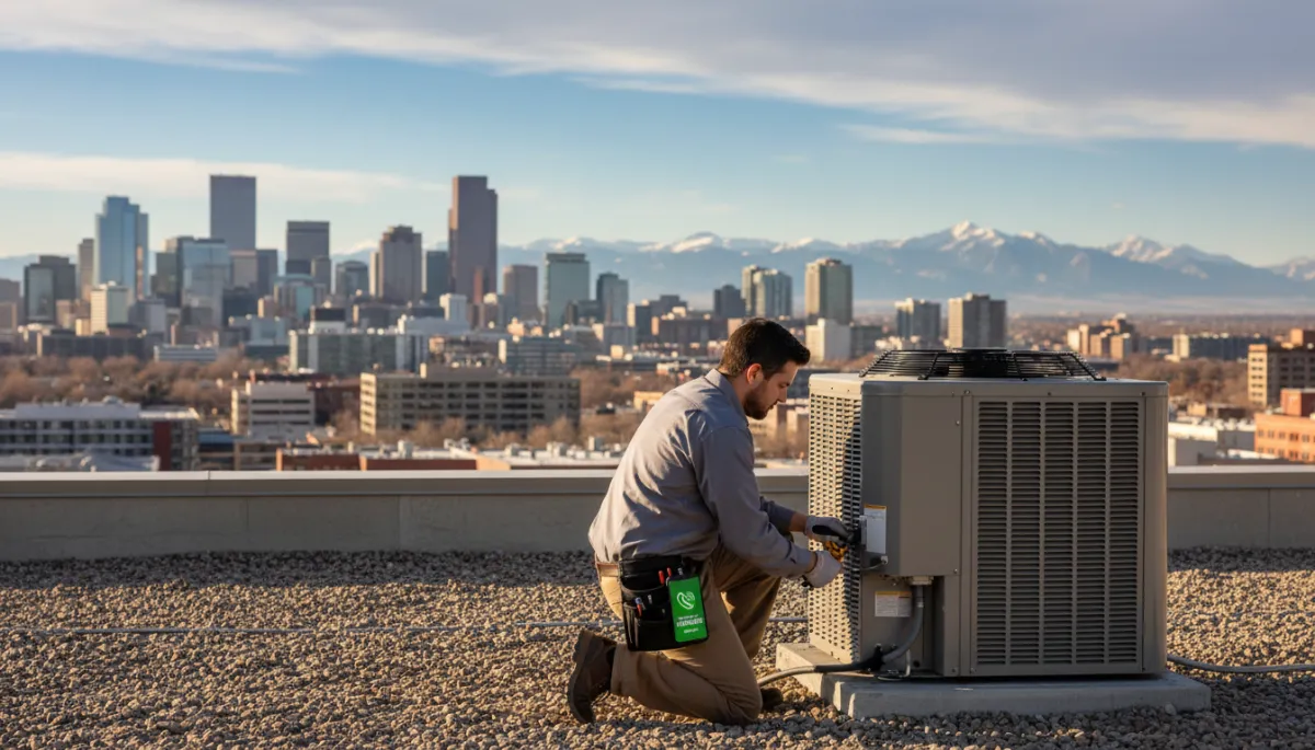 Denver HVAC technician on a commercial rooftop working on an AC unit with AI call notification on smartphone, Colorado mountains in background