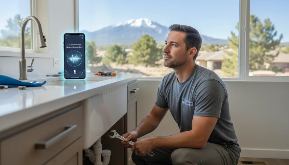 Colorado Springs plumber working under a kitchen sink with smartphone showing AI answered call notification and Pikes Peak visible through the window