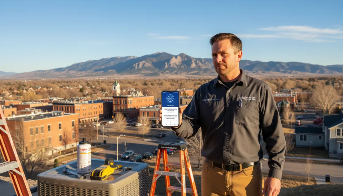 Fort Collins contractor in work gear on a residential job site with smartphone showing AI answering notification and Northern Colorado scenery in background