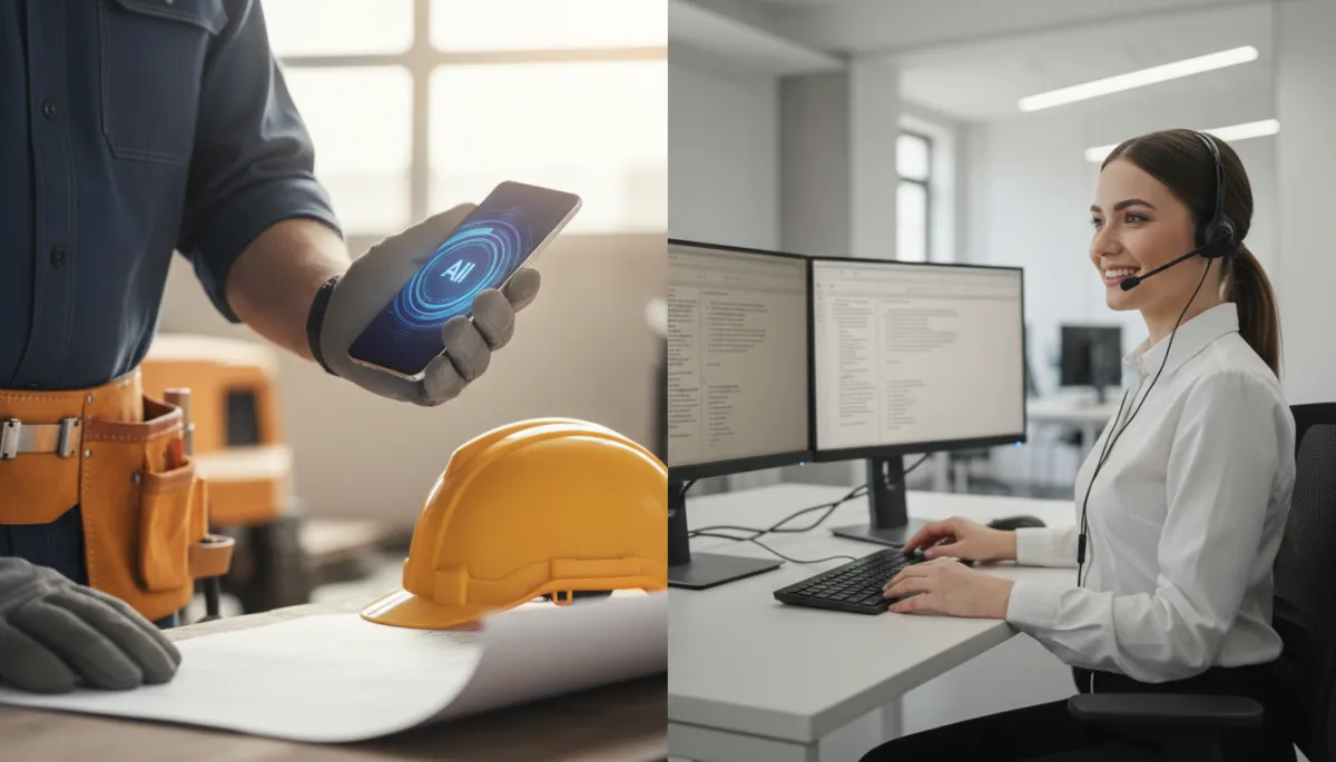 Split scene showing a contractor phone answered by AI on one side and a traditional call center operator on the other, clean professional modern style
