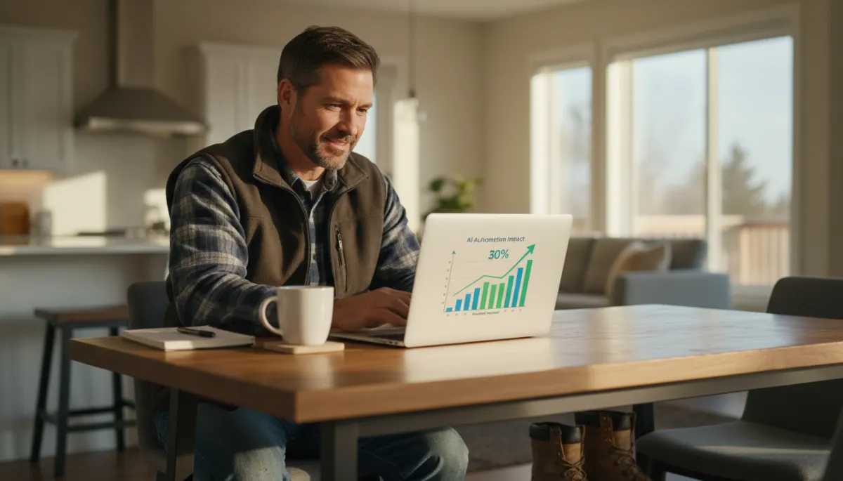 Colorado contractor at a kitchen table reviewing revenue summary on a laptop with work boots visible and natural home office light