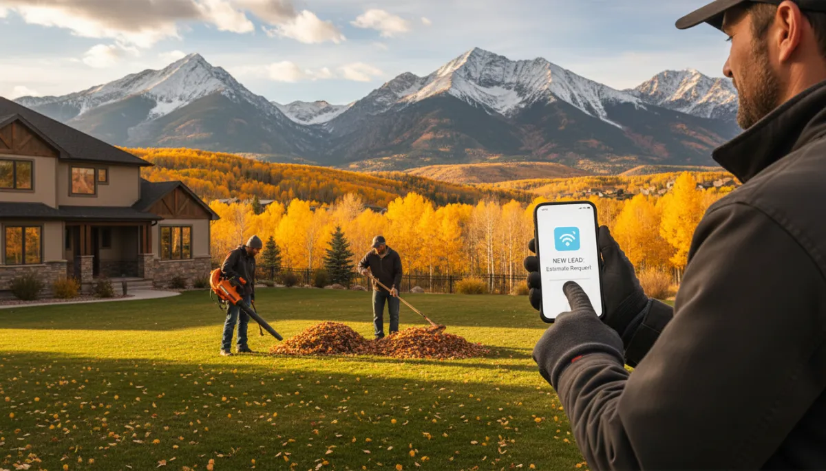 Colorado landscaping crew working on a residential yard in autumn with one crew member checking phone showing AI lead notification and Colorado mountains with fall foliage in background