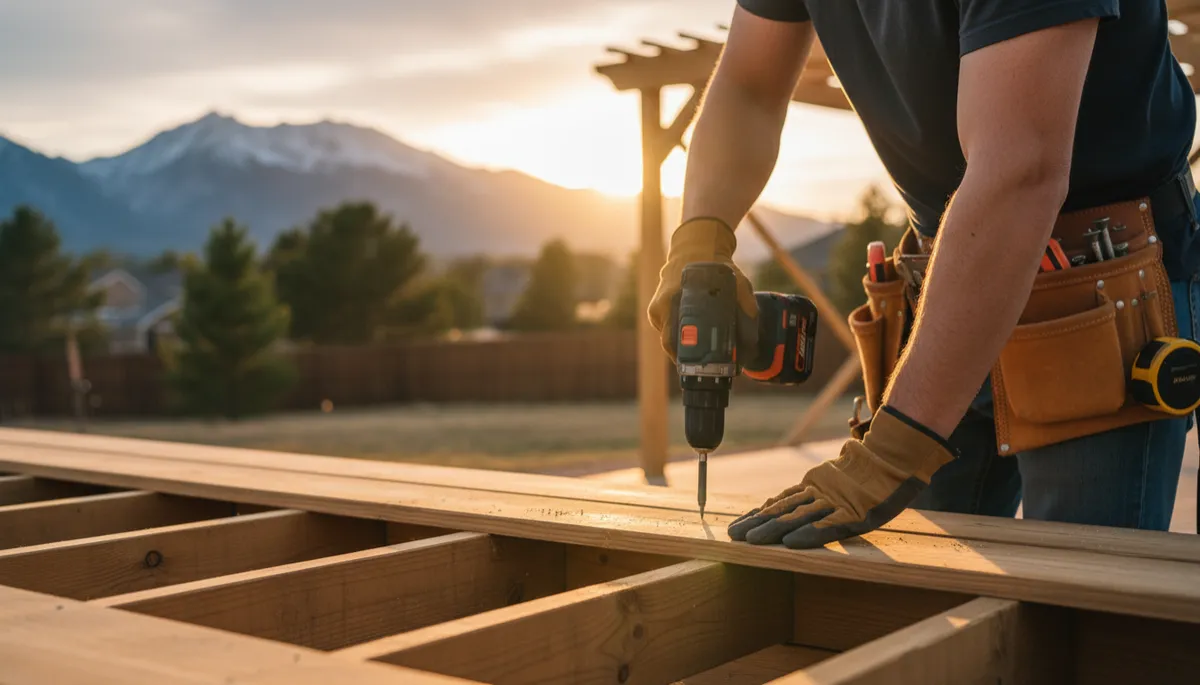 Colorado deck builder installing composite deck boards on backyard patio while AI automation handles incoming quote requests