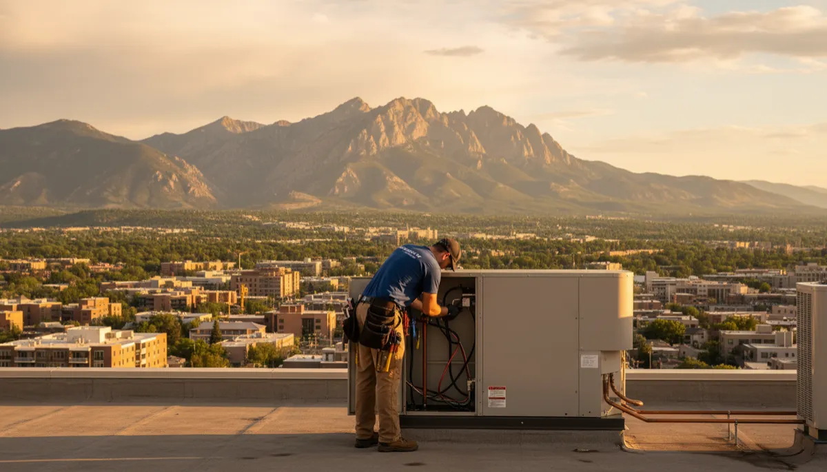 Boulder Colorado HVAC technician servicing outdoor AC unit with Flatirons mountain backdrop while AI books new service calls