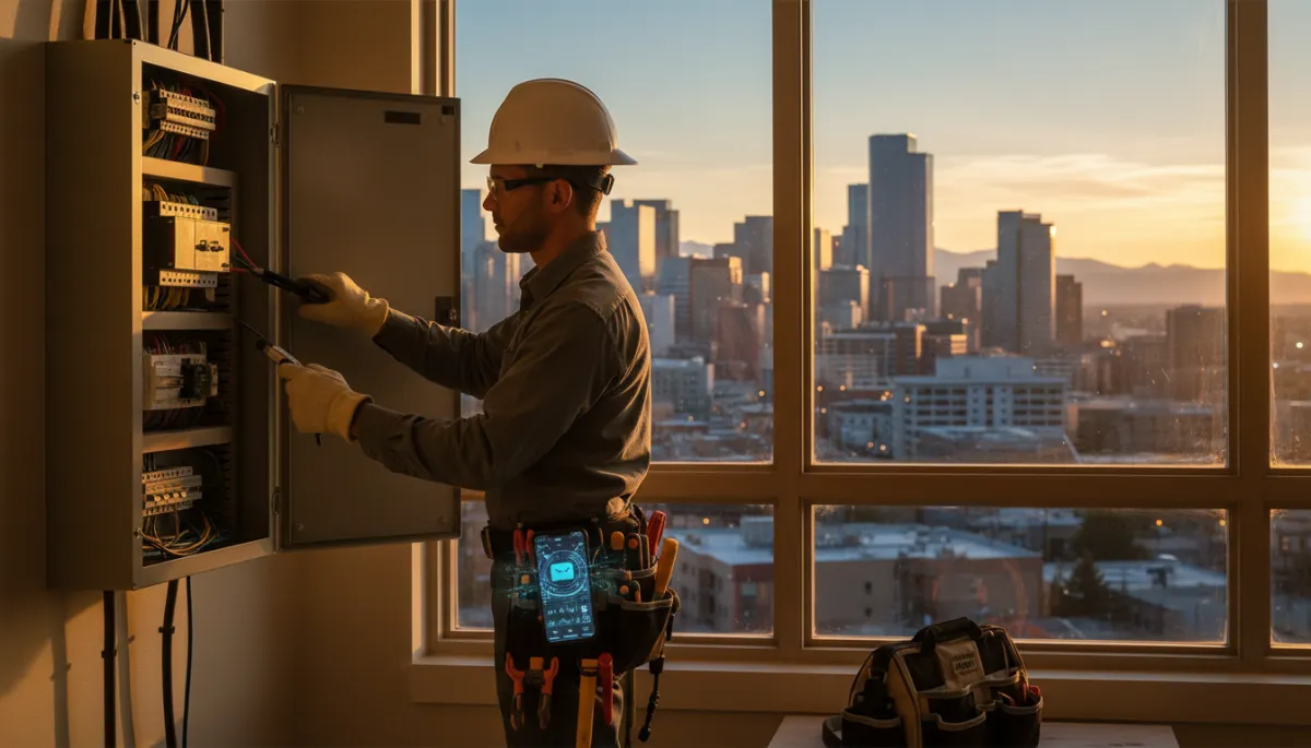 Denver electrician working on residential electrical panel with AI lead notification showing on phone at tool belt