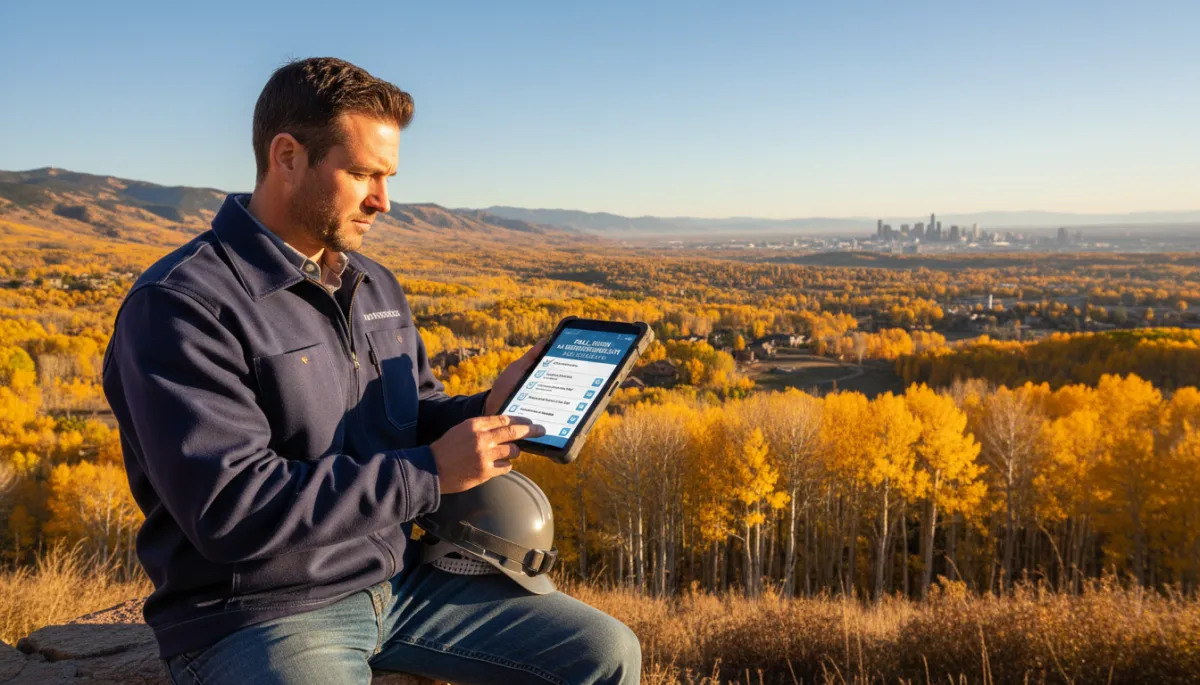 Colorado contractor reviewing a 7-item fall AI systems checklist on a tablet at a truck tailgate with autumn aspen trees in the background