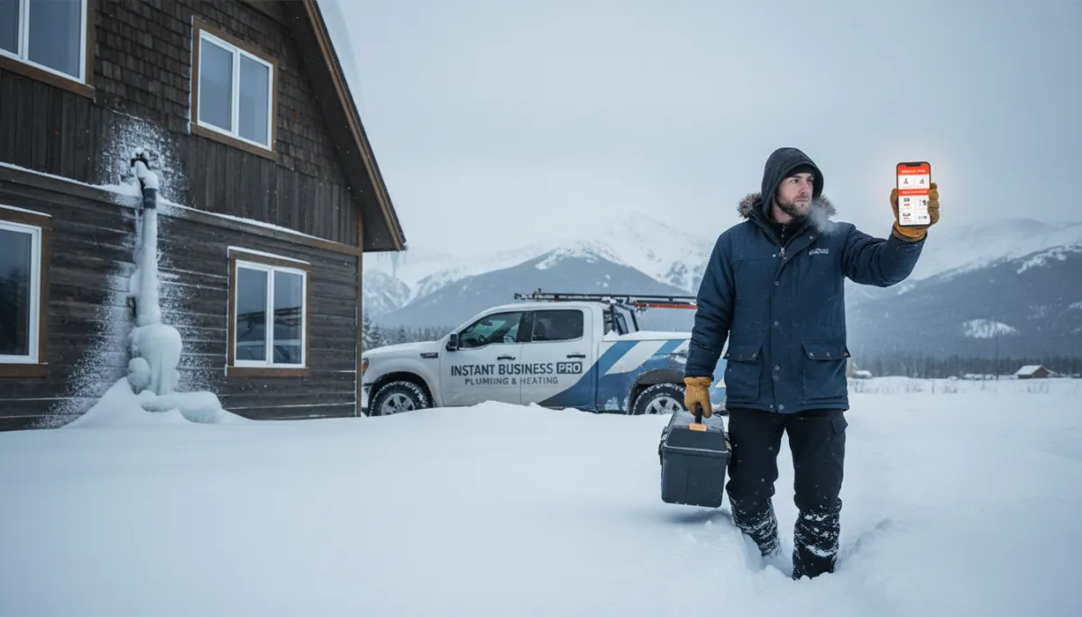 Colorado plumber responding to a frozen pipe emergency at a snow-covered home while AI automation captures two more incoming emergency calls