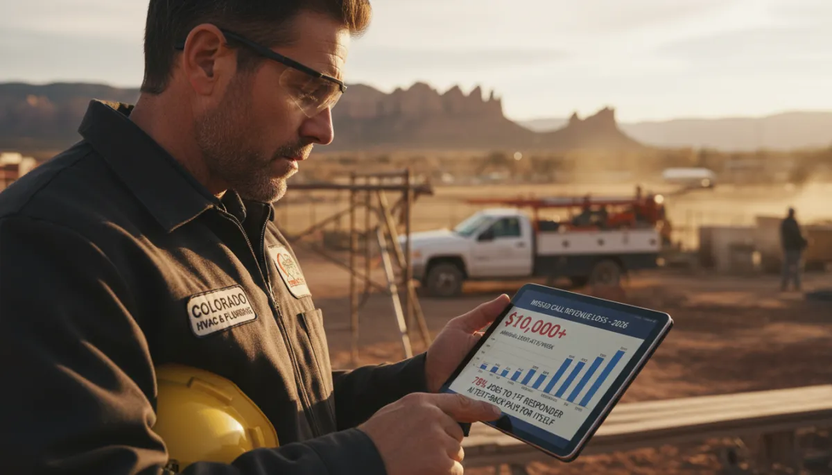 Colorado contractor reviewing missed call revenue loss breakdown on laptop at job site showing dollar amounts by trade and annual cost projection