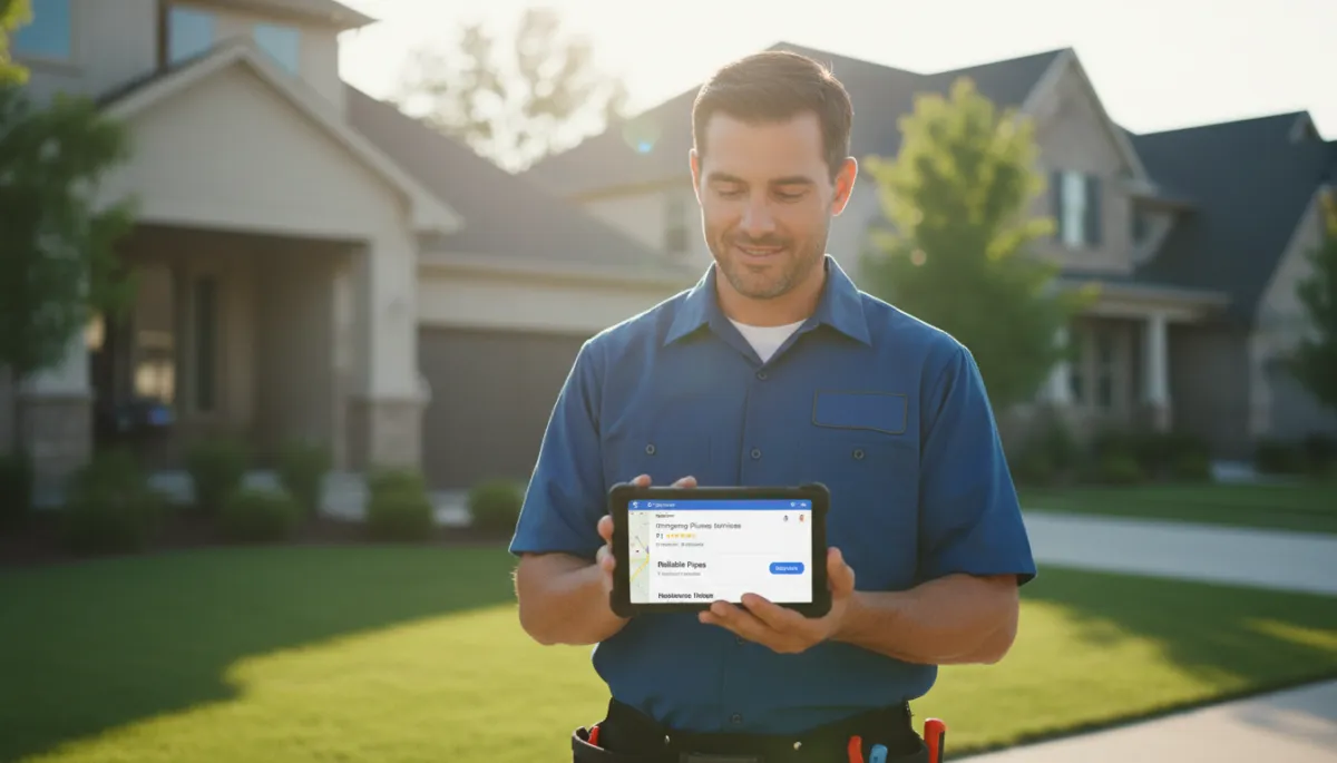 Home service contractor looking at phone showing Google Maps 3-pack result with their company ranking number 1