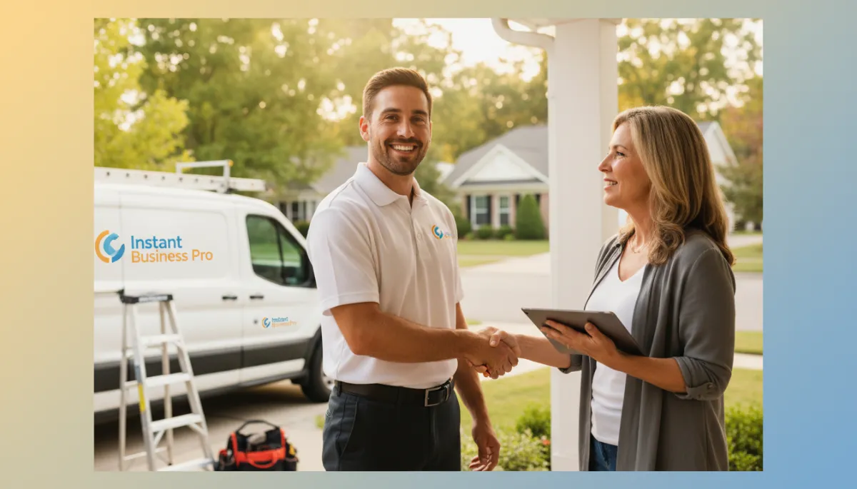 Home service contractor plumber shaking hands with a happy homeowner at the front door of a suburban home after a finished job
