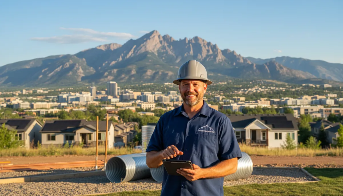 Colorado home service contractor beside service van in Boulder residential neighborhood, Flatirons in background, bright daylight