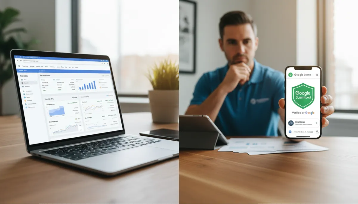 Split-screen showing Google Ads dashboard and Local Service Ads badge on a phone, contractor reviewing results