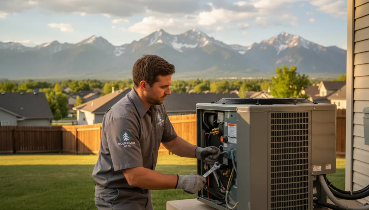 Colorado HVAC technician in branded uniform working on outdoor condenser unit, Front Range mountains in background