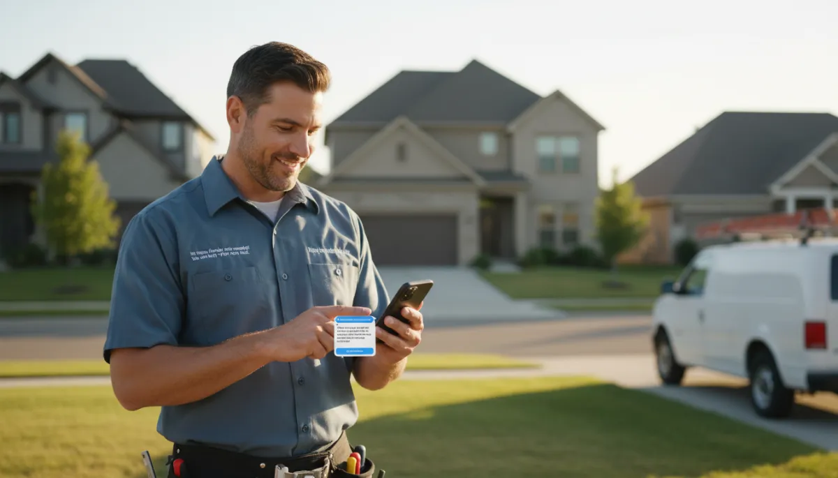 Contractor checking phone showing a text conversation with a homeowner replying to a service inquiry