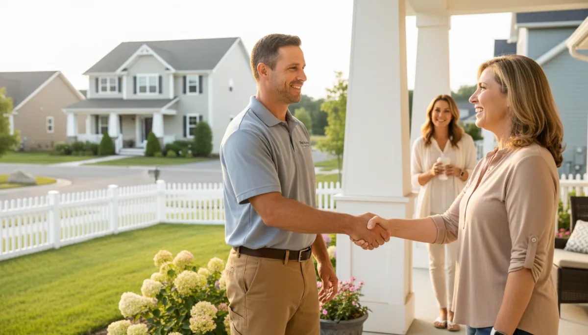 Satisfied homeowner shaking hands with a contractor on a front porch, neighbor watching from next door, bright suburban setting