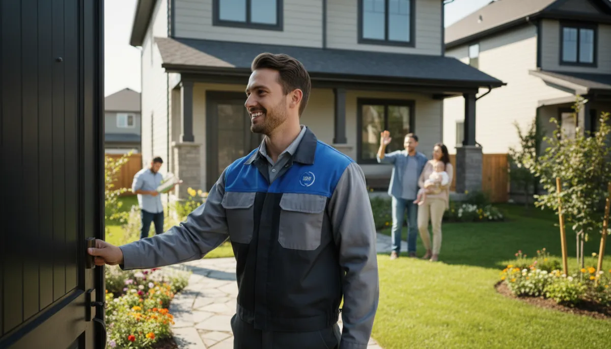 Contractor in uniform knocking on a suburban door, neighbors visible on porch, warm community feel, bright daylight