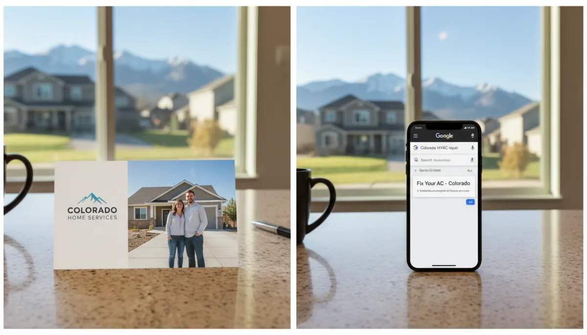 Physical postcard on a kitchen counter next to smartphone showing Google ad, Colorado suburban home in background