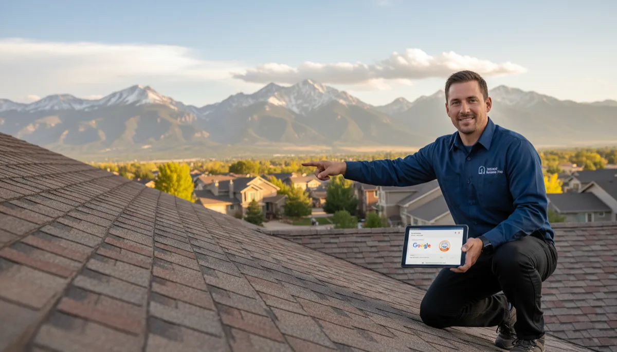 Colorado roofing contractor on residential roof with shingles visible, Front Range mountains in background, branded work shirt