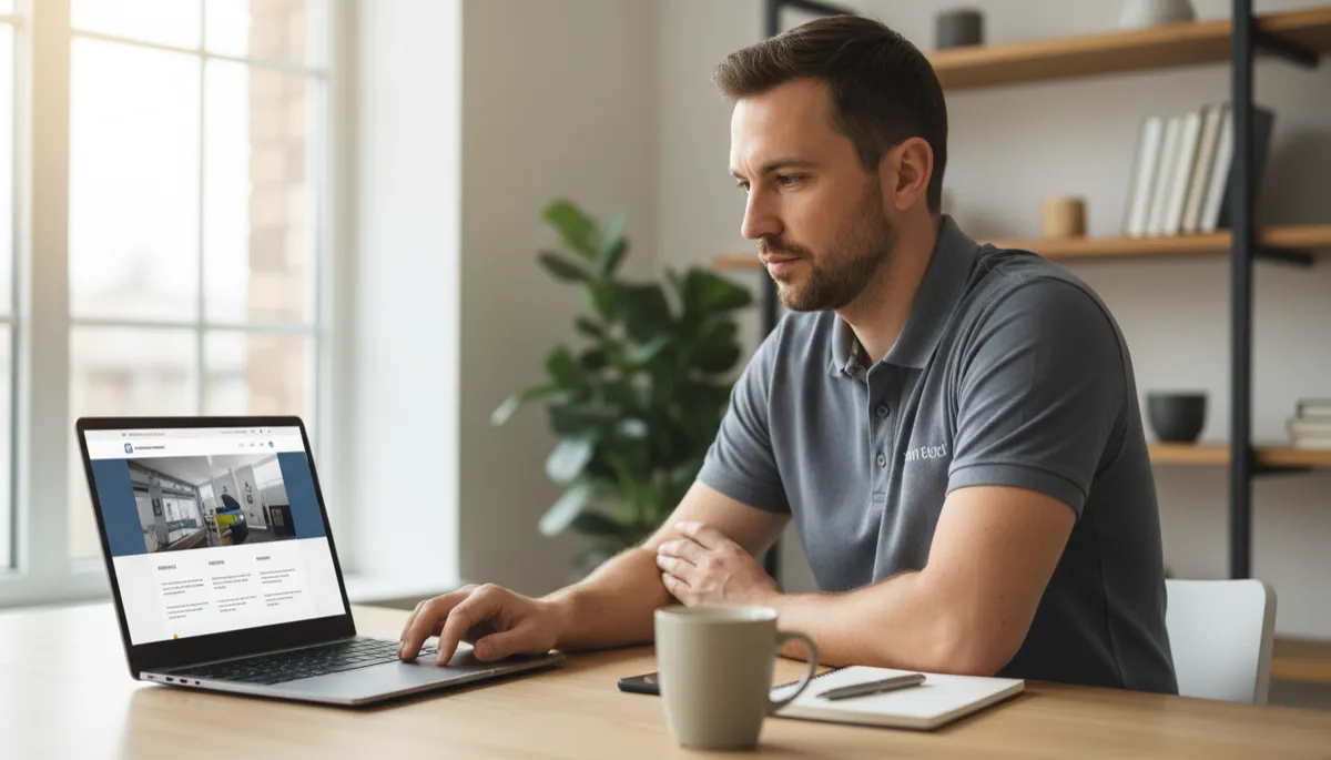Home service contractor reviewing their website on a laptop at a clean kitchen table, natural light, professional setting