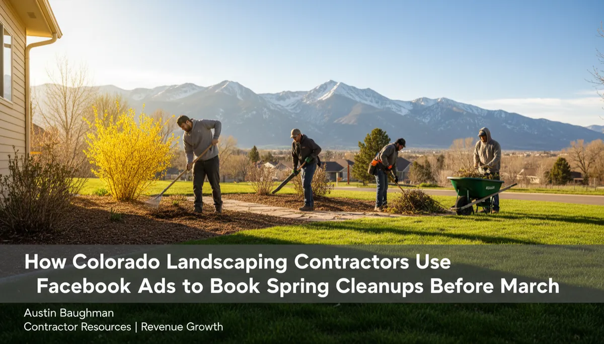 Colorado landscaping crew working on a residential front yard in early spring, Rocky Mountain foothills visible in background