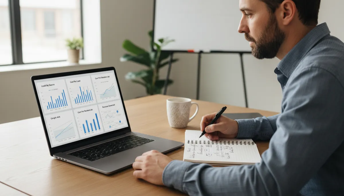 Home service contractor reviewing a marketing ROI dashboard on a laptop at a clean desk with natural light