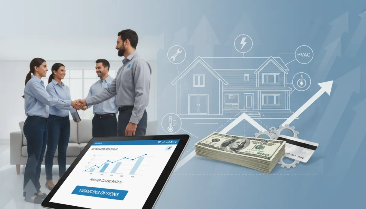 Home service contractor offering financing options to a homeowner on a tablet