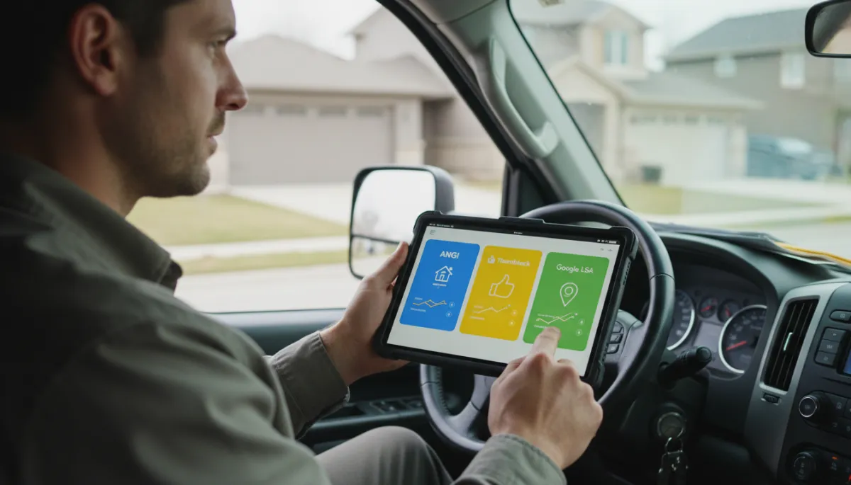 Home service contractor comparing Angi, Thumbtack, and Google LSA lead costs on a laptop