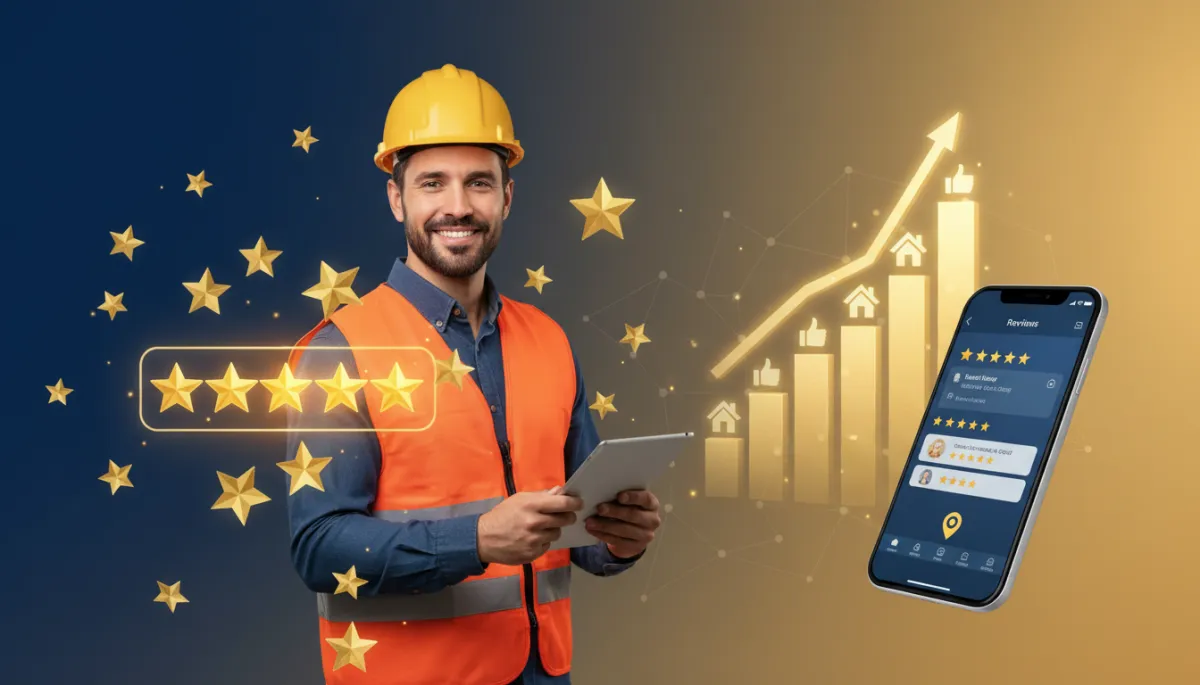 Contractor monitoring online reviews on Google, Yelp, Angi, and Nextdoor on a laptop