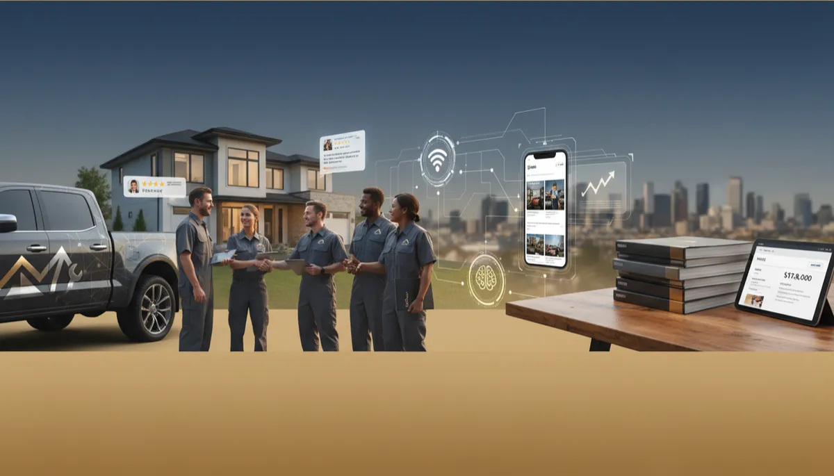 Home service contractor with strong branding presenting a premium proposal to a homeowner