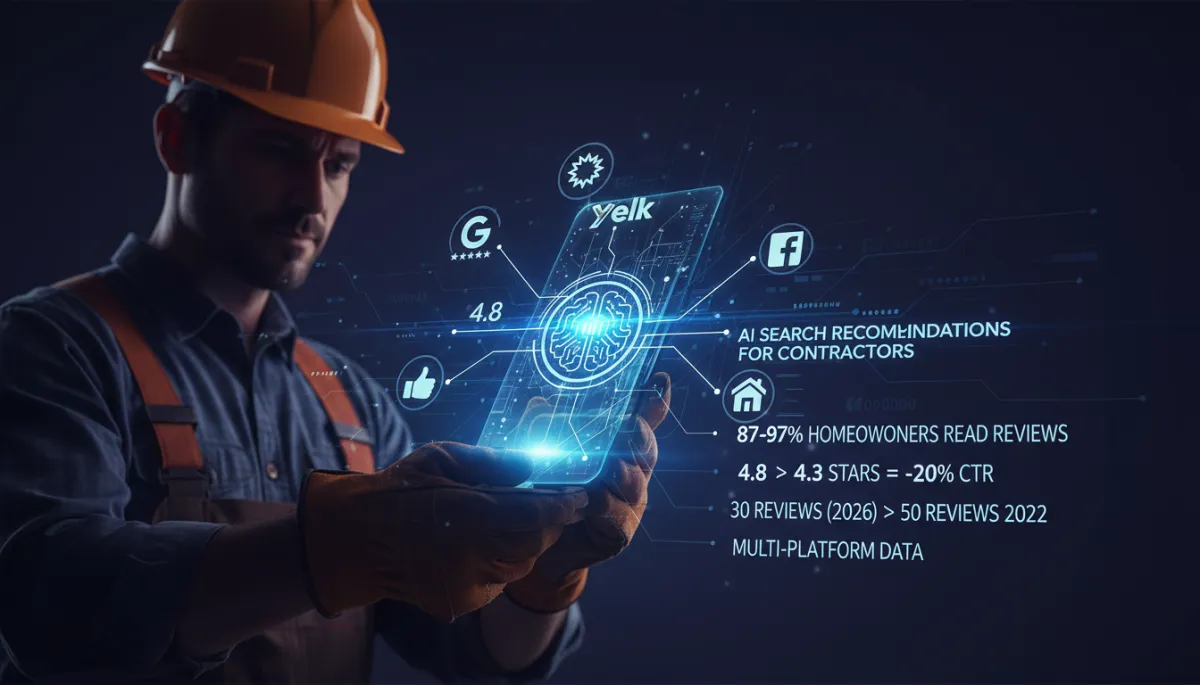 Contractor checking phone with AI search results showing review recommendations