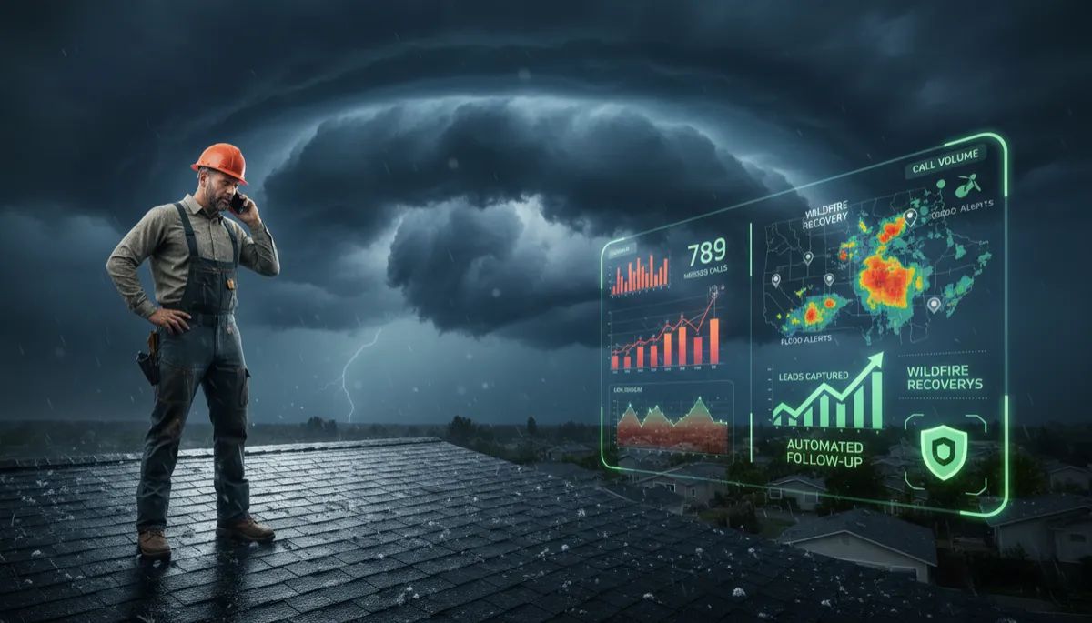 Contractor on a roof after a storm with incoming call surge displayed on phone screen