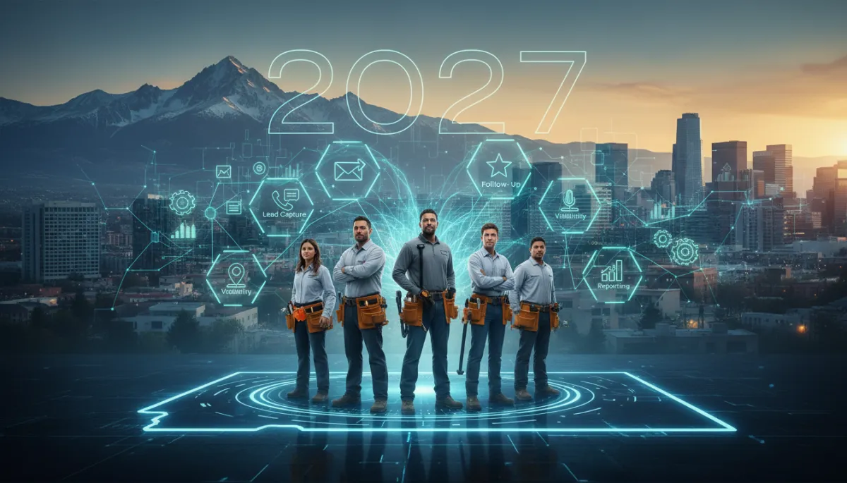 Colorado contractor at a home office reviewing a comprehensive 2027 AI readiness guide on a laptop with a new year planning calendar open beside it