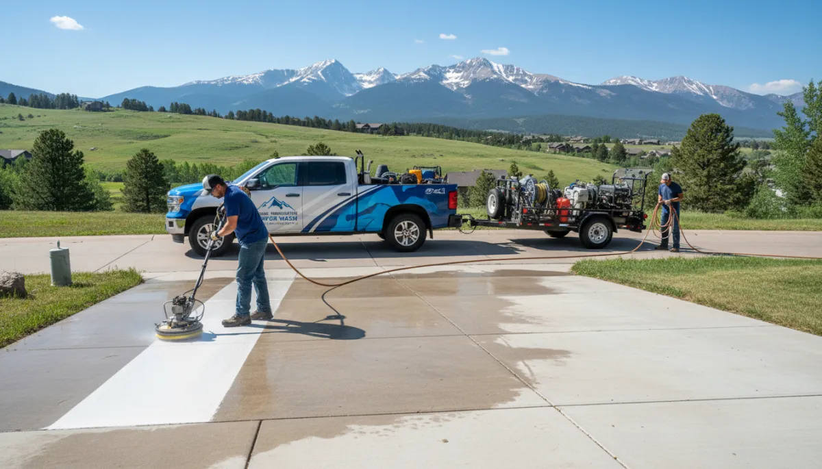 photorealistic professional pressure washing contractor cleaning a residential concrete driveway in a Colorado mountain neighborhood, bright clean summer light, snow capped peaks in the background, branded truck and equipment visible, conveying a fully booked and professional operation photorealistic professional pressure washing contractor cleaning a residential concrete driveway in a Colorado mountain neighborhood, bright clean summer light, snow capped peaks in the background, branded truck and equipment visible, conveying a fully booked and professional operation