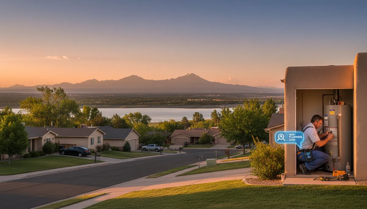 Pueblo Colorado backdrop with Spanish Peaks faint in distance and a residential neighborhood near Pueblo Reservoir in warm natural evening light, local plumber in work clothes repairing a water heater in a small utility room, smartphone on belt clip showing an AI notification about a new plumbing lead, realistic photography style, Pueblo Colorado backdrop