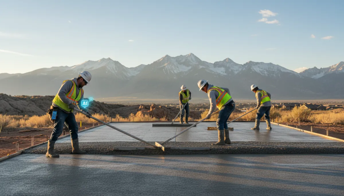 wide shot of concrete pour in progress in Colorado residential driveway, crew with screed and float tools working the slab, Colorado mountains and blue sky in background, one worker glancing at phone clipped to belt showing AI notification, neutral color palette, photorealistic, golden morning light