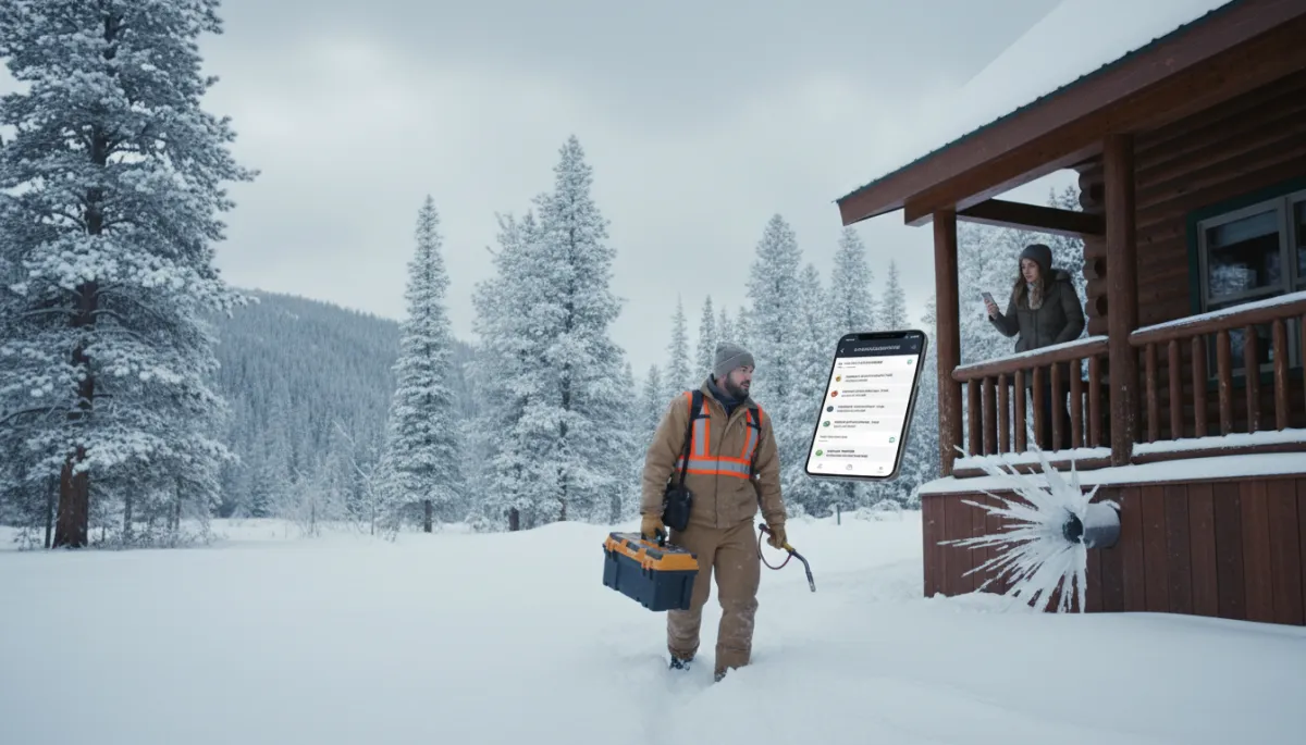 Photorealistic Colorado winter scene, plumber arriving at a residential mountain property in deep snow, visible frozen pipe damage near an exterior wall, homeowner on porch holding a smartphone that shows AI queued lead notifications and missed call texts, cloudy sky and frosted pines in background, urgent and authentic Colorado winter setting