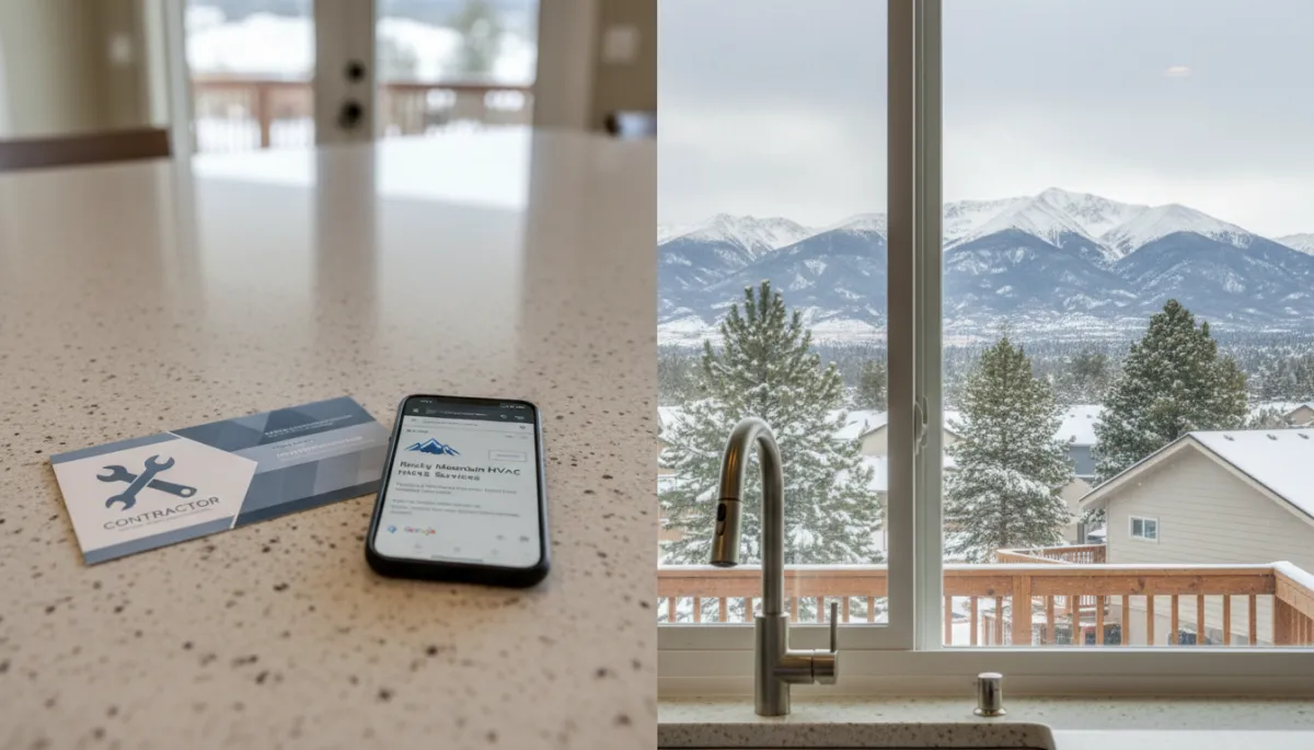 photorealistic split scene of a Colorado suburban kitchen counter with a glossy contractor postcard next to a smartphone showing a Google ad for a local HVAC company, snowy Front Range visible through the window, neutral clean lighting and professional composition