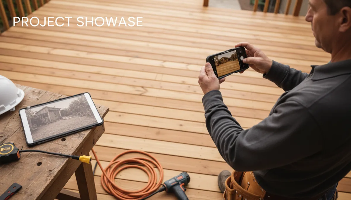 photorealistic scene of a home service contractor on a real job site holding up a smartphone to film a freshly completed backyard deck renovation, with a faded ‘before’ view visible on a tablet or print nearby, neutral natural lighting, authentic tools and materials around, subtle overlay text near the top