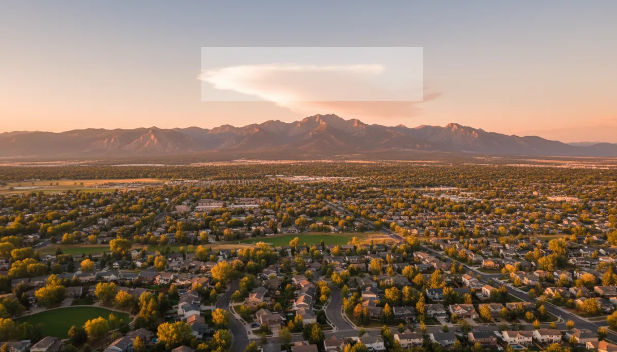 photorealistic aerial view of Loveland Colorado at golden hour, showing residential neighborhoods with the Rocky Mountains in the background, neutral color palette, subtle overlay space for headline text in sky area