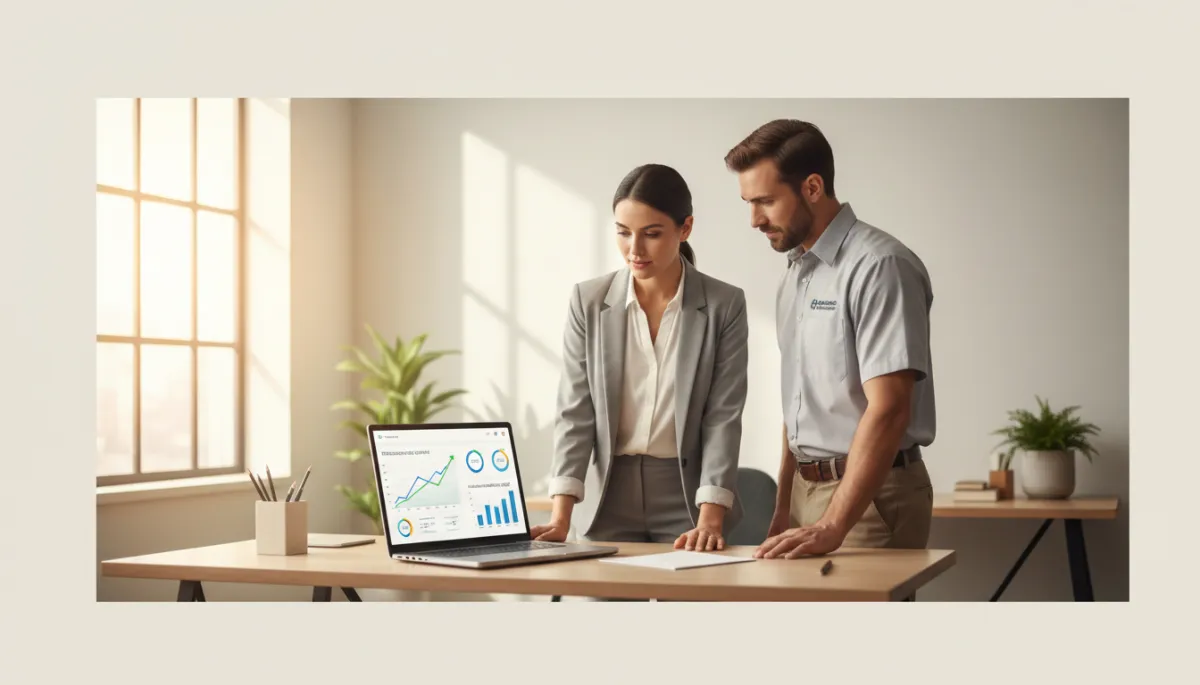 photorealistic neutral-toned scene of an HVAC contractor and office manager reviewing an AI-driven dashboard on a laptop in a clean service office, charts showing recurring revenue growth and scheduled maintenance visits, soft natural light