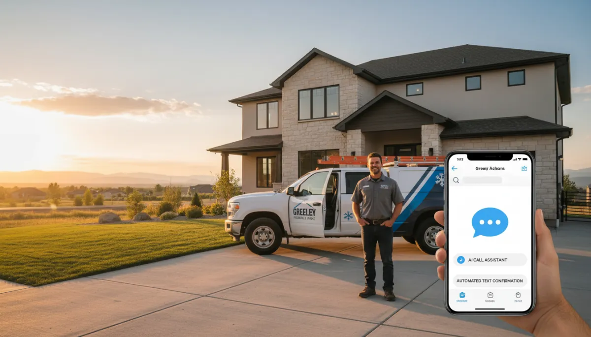 photorealistic neutral-tone scene of a Greeley Colorado home service contractor in branded truck parked in front of a modern suburban house at sunset, smartphone in hand showing AI call and text notifications, soft Rocky Mountain foothills in distant background