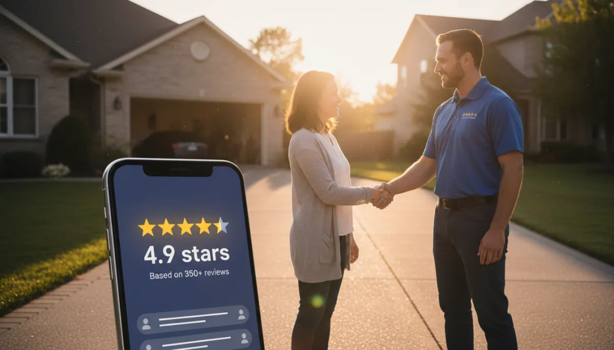 photorealistic neutral-toned scene of a home service contractor shaking hands with a homeowner on the driveway at sunset, smartphone screen in foreground showing a 4.9-star Google rating with many reviews, soft depth of field