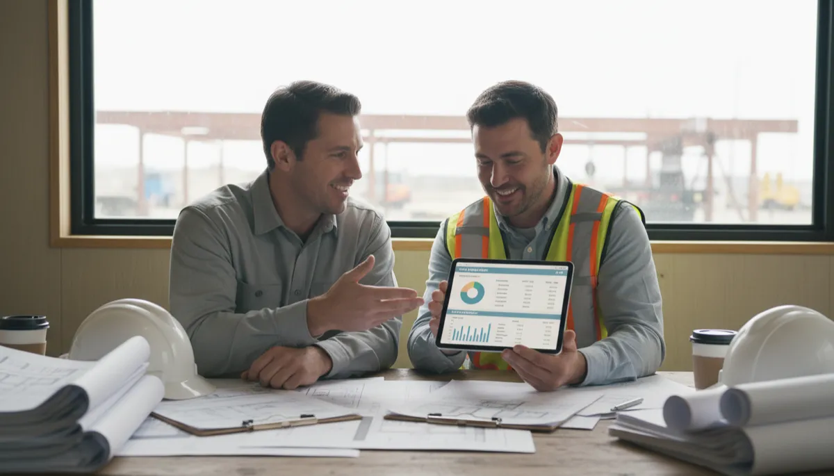 photorealistic neutral-toned scene of a general contractor and subcontractor reviewing a tablet with job schedules and payment status in a bright jobsite trailer, paperwork neatly organized on the table, both nodding in agreement