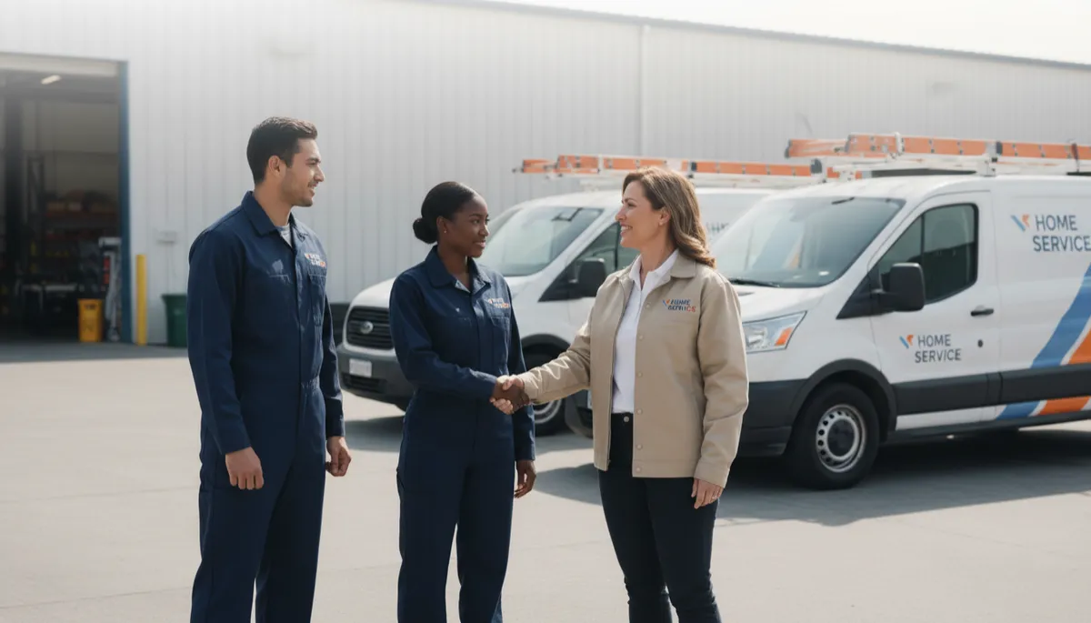 photorealistic neutral-toned scene of a home service contractor owner shaking hands with a diverse team of field technicians in branded uniforms in a warehouse or yard with service vans in the background, subtle overlay space for title text