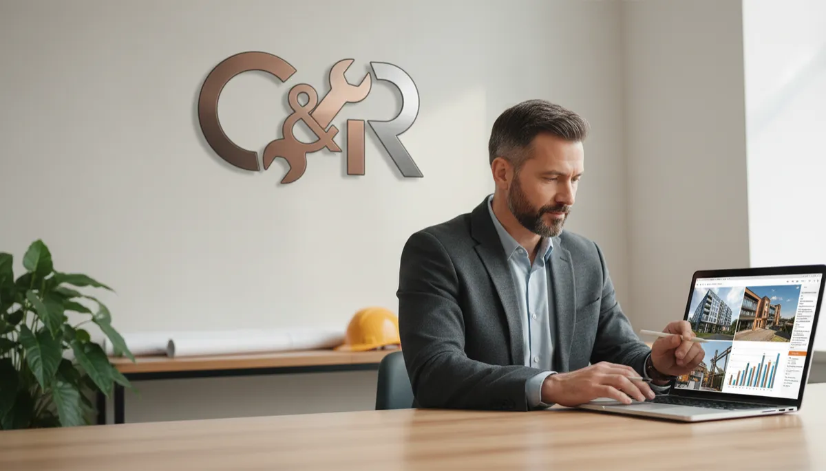 photorealistic neutral-toned scene of a successful contractor business owner in a clean branded office, reviewing project photos and financial reports on a laptop, logo on wall, subtle depth of field
