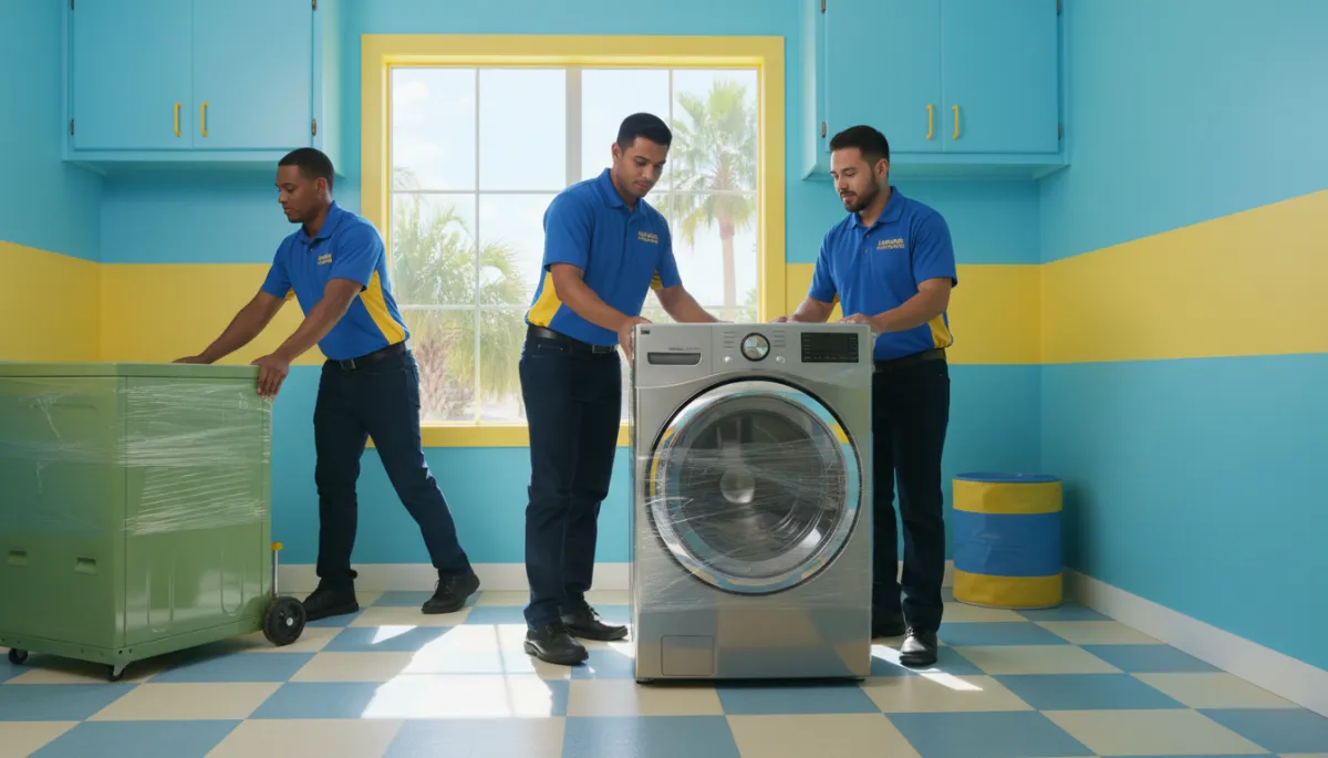 photographic realistic delivery team bringing a new stainless steel washer into a bright Leander TX laundry room while wheeling an old washer out on a dolly, pop retro colors with vivid blues and sunny yellows