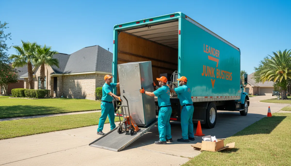 photographic realistic junk removal crew in branded uniforms carefully loading an old stainless steel refrigerator onto a truck in a suburban Leander TX driveway, bright pop retro colors with teal truck and orange accents