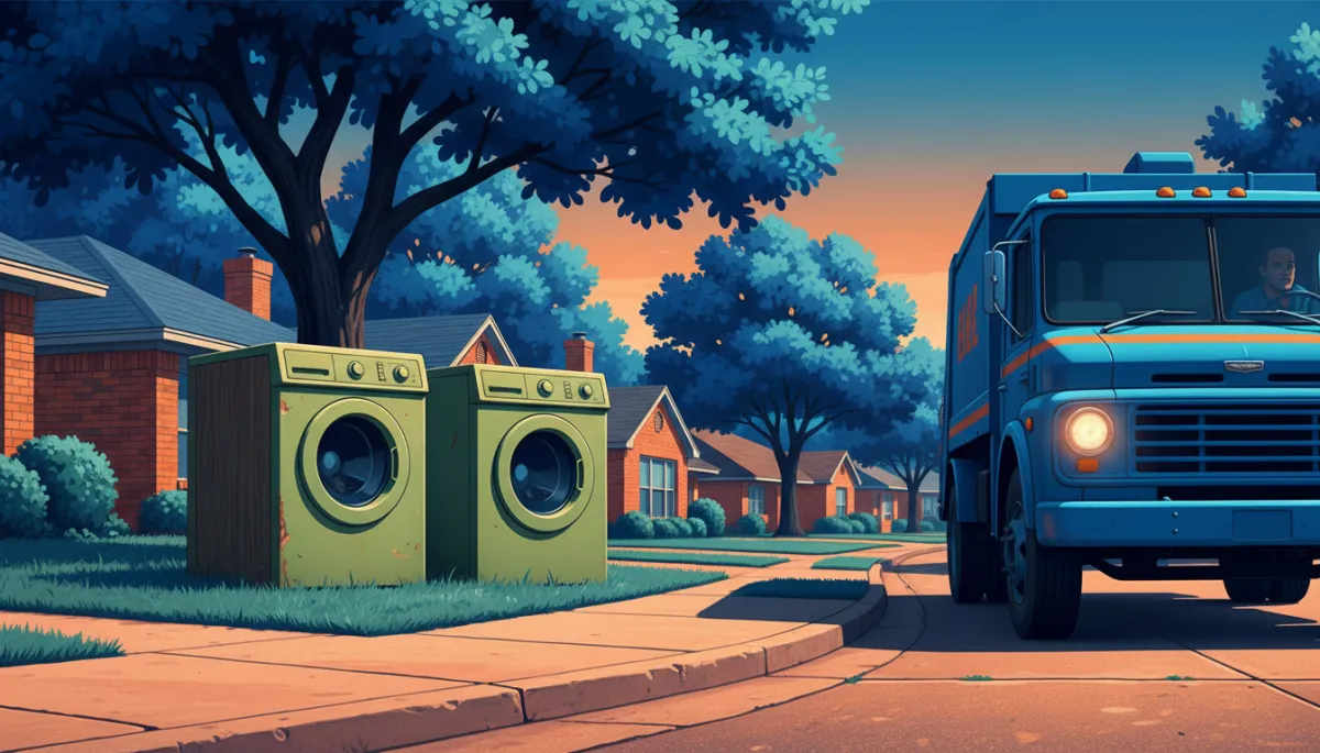 photographic realistic curbside scene in a Leander TX neighborhood showing a neatly placed old washing machine and dryer set out for scheduled bulk trash pickup, with a municipal truck approaching, pop retro color palette with saturated blues and warm oranges